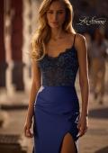 Picture of: Ruched Satin Evening Dress with Sheer Lace Top and Scallop Neckline in Navy , Style 32689, Main Picture