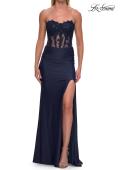 Picture of: Strapless Lace Applique Corset Gown with High Slit in Navy, Style: 33399, Detail Picture 8