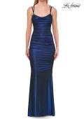 Picture of: Metallic Ruched Prom Dress with Strappy Open Back in Navy, Style: 33609, Detail Picture 8