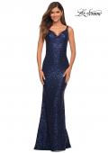 Picture of: Long Stretch Sequin Gown with Low Back in Navy, Detail Picture 9