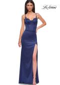 Picture of: Fitted Satin Gown with Exposed Boning and Lace Detail Neckline in Navy , Style 32955, Detail Picture 9