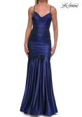 Picture of: Metallic Jersey Mermaid Gown with Draped Cowl Neckline and Lace-Up Back in Navy, Style: 33412, Detail Picture 9
