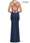 Picture of: Metallic Ruched Prom Dress with Strappy Open Back in Navy, Style: 33609, Detail Picture 9