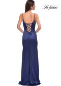 Picture of: Fitted Satin Gown with Exposed Boning and Lace Detail Neckline in Navy , Style 32955, Detail Picture 10
