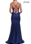 Picture of: Metallic Jersey Mermaid Gown with Draped Cowl Neckline and Lace-Up Back in Navy, Style: 33412, Detail Picture 10