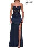 Picture of: Lace and Satin Gown with Sheer Bodice and High Slit in Navy, Style: 33419, Detail Picture 10