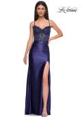 Picture of: Ruched Satin Evening Dress with Sheer Lace Top and Scallop Neckline in Navy , Style 32689, Detail Picture 11