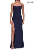 Picture of: Cowl Neck Fitted Gown with Slit and Lace-Up Back in Navy, Style: 33365, Detail Picture 11