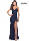 Picture of: Rhinestone Jersey Dress with Slit and Ruching in Navy, Style: 31123, Detail Picture 12