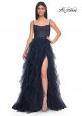 Picture of: Tulle A-Line Dress with Ruffle Skirt and Buster Rhinestone Fishnet Bodice in Navy, Style: 32233, Detail Picture 12