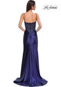Picture of: Ruched Satin Evening Dress with Sheer Lace Top and Scallop Neckline in Navy , Style 32689, Detail Picture 12