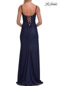 Picture of: Cowl Neck Fitted Gown with Slit and Lace-Up Back in Navy, Style: 33365, Detail Picture 12
