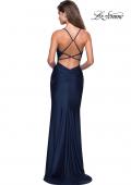 Picture of: Form Fitting Jersey Dress with Ruching and Strappy Back in Navy, Style: 27501, Detail Picture 13