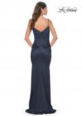 Picture of: Chic Stretch Satin Gown with V Neckline and Ruching in Navy, Style: 32075, Detail Picture 14