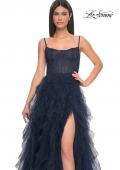 Picture of: Tulle A-Line Dress with Ruffle Skirt and Buster Rhinestone Fishnet Bodice in Navy, Style: 32233, Detail Picture 15