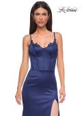 Picture of: Fitted Satin Gown with Exposed Boning and Lace Detail Neckline in Navy , Style 32955, Detail Picture 15