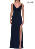 Picture of: Cowl Neck Jersey Gown with Open Back and High Slit in Navy, Style: 33299, Detail Picture 15