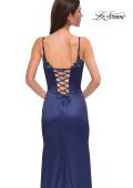 Picture of: Fitted Satin Gown with Exposed Boning and Lace Detail Neckline in Navy , Style 32955, Detail Picture 16