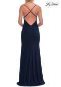 Picture of: Cowl Neck Jersey Gown with Open Back and High Slit in Navy, Style: 33299, Detail Picture 16