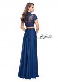 Picture of: Chiffon Two Piece Gown with Lace Top and Belt Detail in Navy, Style: 25384, Back Picture