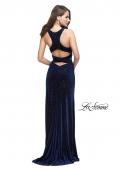 Picture of: Long Velvet Prom Dress with Beading and Open Back in Navy, Style: 25407, Back Picture