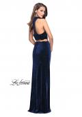 Picture of: Two Piece Velvet Prom Dress with Scallop Detail and Slit in Navy, Style: 25667, Back Picture