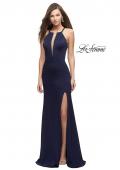 Picture of: Long Jersey Prom Dress with Beaded Strappy Open Back in Navy, Style: 25669, Back Picture