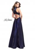 Picture of: Satin Ball Gown with Tonal Beading and Back Cutout in Navy, Style: 25986, Back Picture