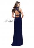 Picture of: Long Form Fitting Prom Gown with Sheer Beaded Detail in Navy, Style: 26004, Back Picture