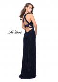 Picture of: Beaded Velvet Patterned Long Prom Dress with Slit in Navy, Style: 26116, Back Picture