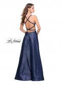 Picture of: Long A-line Beaded Mikado Prom Dress with Pockets in Navy, Style: 26162, Back Picture