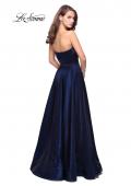Picture of: Long Strapless Satin A-line Prom Dress with Pockets in Navy, Style: 26340, Back Picture