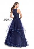 Picture of: Ball Gown with Tulle Skirt, High Neck, Beads, and Lace in Navy, Style: 26386, Back Picture