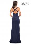 Picture of: Long Jersey Gown with Size Ruching and Slit in Navy, Style: 27470, Back Picture