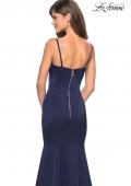 Picture of: Fitted Long Dress with Seams and Large Gold Zipper in Navy, Style: 27524, Back Picture