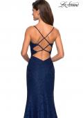 Picture of: Stretch Lace Gown with Square Neckline and Open Back in Navy, Style: 27565, Back Picture