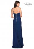 Picture of: Classic Long Jersey Gown with Side Ruching and Slit in Navy, Style: 27626, Back Picture