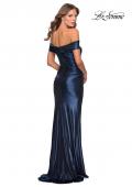 Picture of: Metallic Jersey Long Off the Shoulder Prom Dress in Navy, Style: 28740, Back Picture
