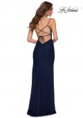 Picture of: Long Net Jersey Prom Gown with Ruching and Slit in Navy, Style 29699, Back Picture