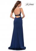 Picture of: Satin Dress with Sheer Lace Bodice and Slit in Navy, Style 29888, Back Picture