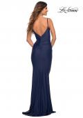 Picture of: Versatile Ruched Jersey Dress with Faux Wrap Top in Navy, Back Picture