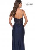 Picture of: Lace Applique Sheer Back Rhinestone Jersey Dress in Navy, Style: 31361, Back Picture