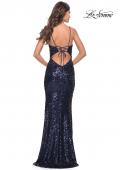 Picture of: Long Sequin Dress with Lace Up Strappy Back in Navy, Style: 31518, Back Picture