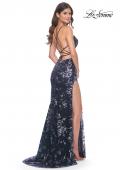 Picture of: Sequin Floral Dress with Illusion Top and High Slit in Navy, Style: 31916, Back Picture