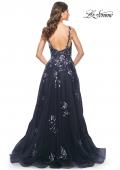 Picture of: A-Line Tulle and Floral Sequin Gown with High Slit in Navy, Style: 31936, Back Picture