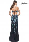 Picture of: Floral Embroidered and Sequin Print Gown with Lace Up Back in Navy, Style: 31992, Back Picture