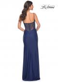 Picture of: Chic Jersey Dress with Ruching and Illusion Back in Blue, Style: 32287, Back Picture