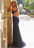 Picture of: Ruched Mesh Gown with Cutout Back in Navy, Style: 33626, Back Picture