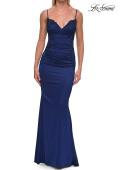 Picture of: Illusion Lace Side Satin Gown with Lace-Up Back in Navy, Style: 33697, Detail Picture 18