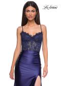 Picture of: Ruched Satin Evening Dress with Sheer Lace Top and Scallop Neckline in Navy , Style 32689, Detail Picture 19